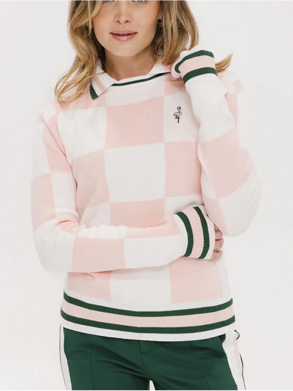 Fore All Pink & White Checkerboard Crewneck Golf Sweater with Green Trim